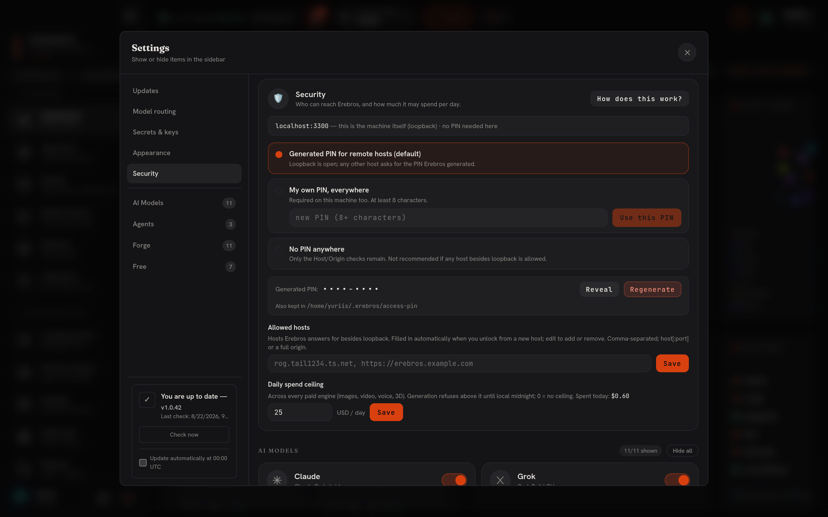 Settings → Security — Erebros
