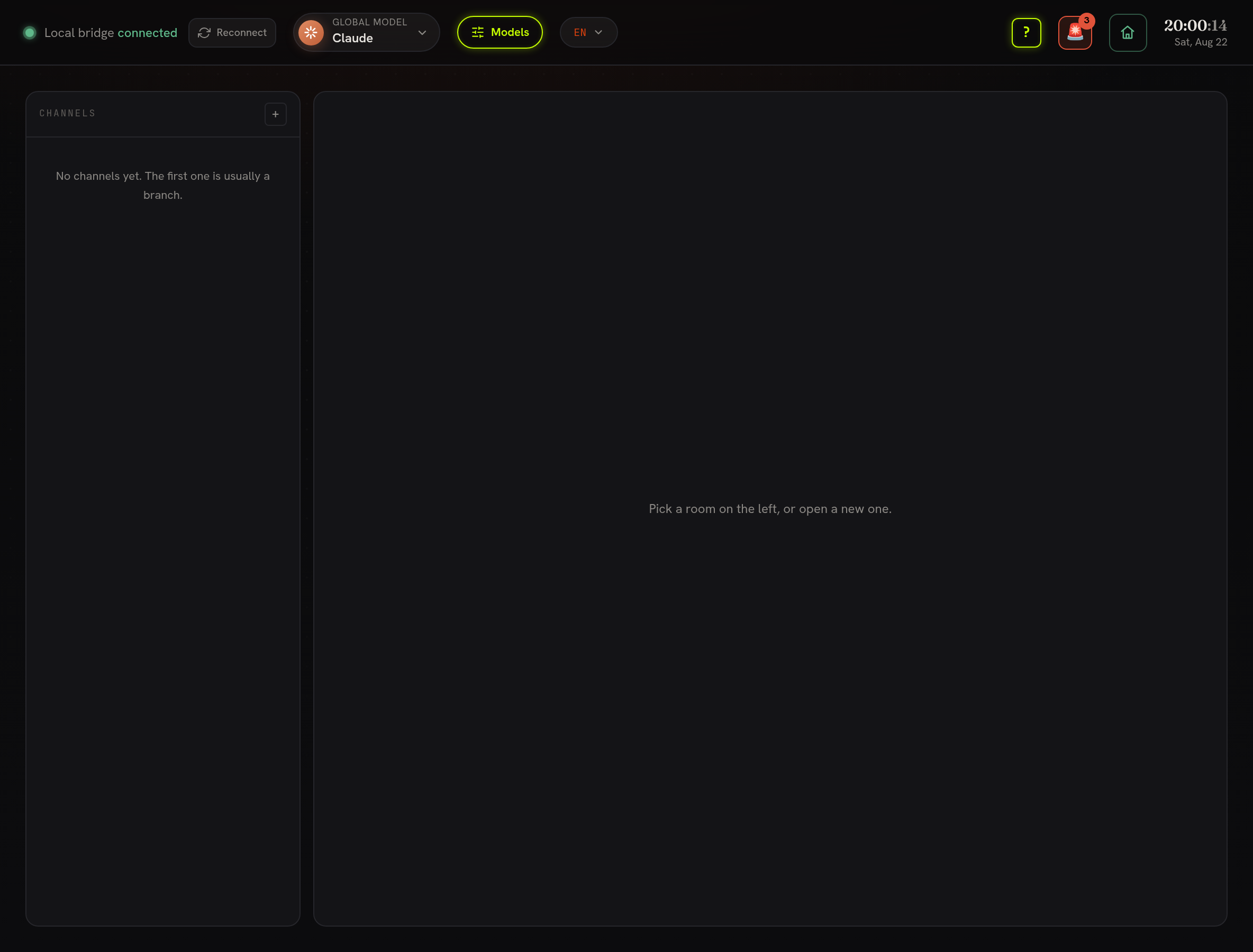 A channel in Erebros-T — people and agents, messages, patches and approvals in one scroll