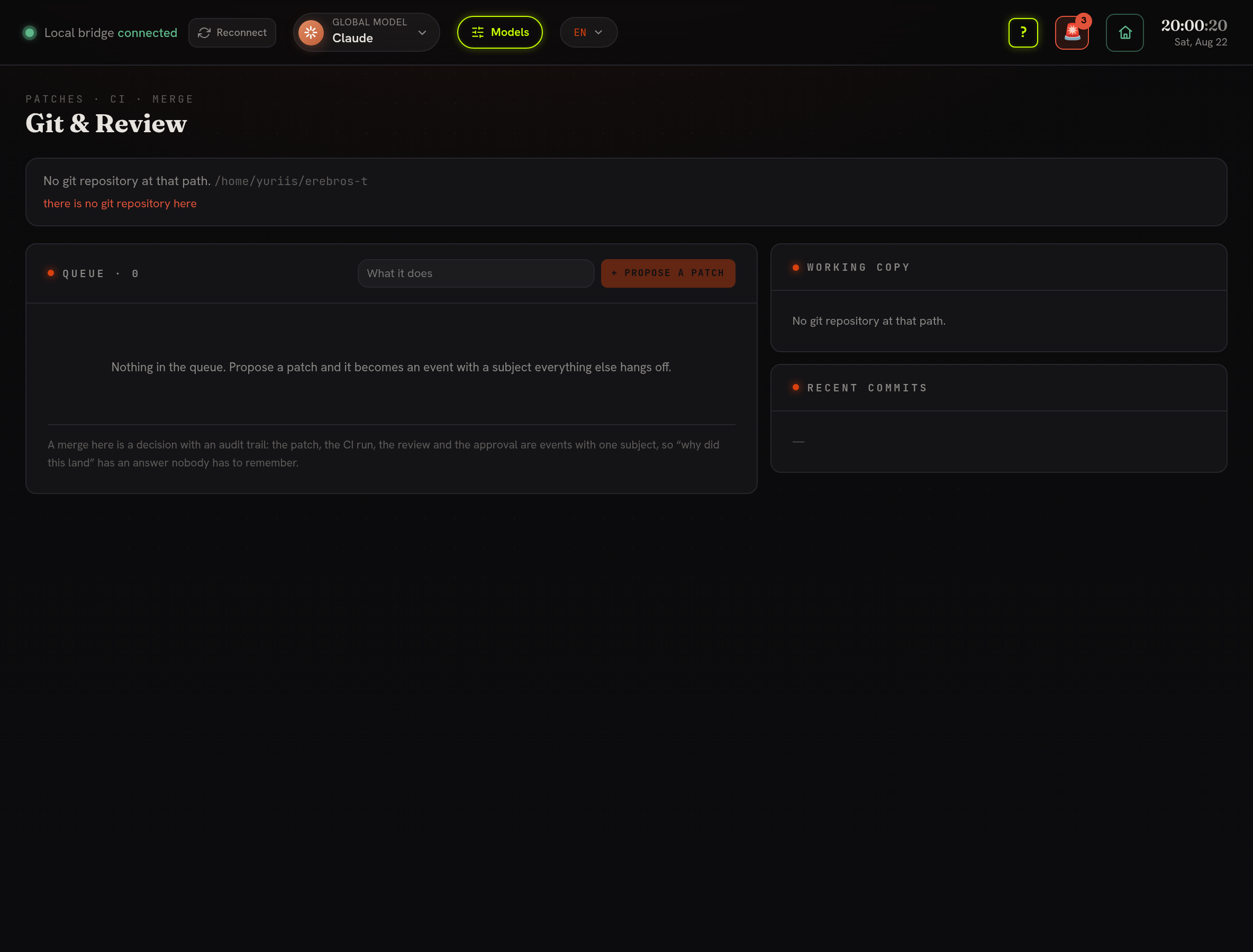 Git & Review in Erebros-T — the patch queue with CI, review and approval